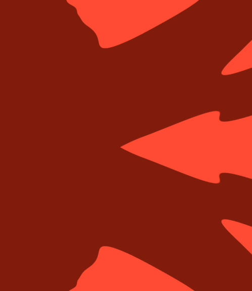 Grafisk mønster med bølgende chevron-former i orange og mørkerød, brugt som dekorativt designelement til Heartland Festival.