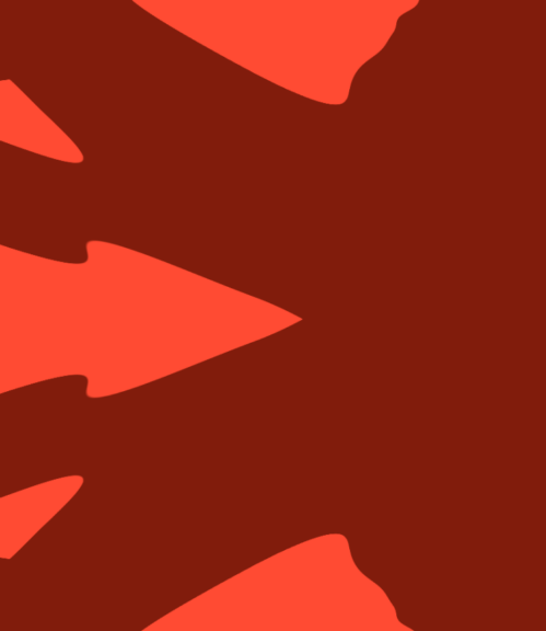 Grafisk mønster med bølgende chevron-former i orange og mørkerød, brugt som dekorativt designelement til Heartland Festival.