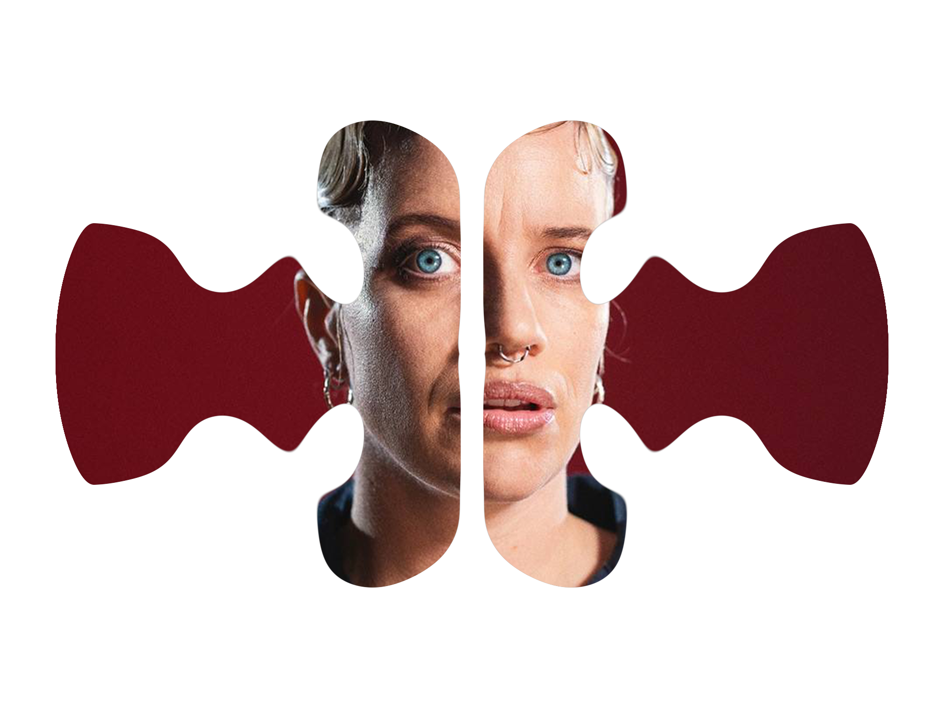 Nærbillede af en kunstner agnes med opsat hår set gennem en dekorativ Heartland-grafik i mørkerød på transparent baggrund.