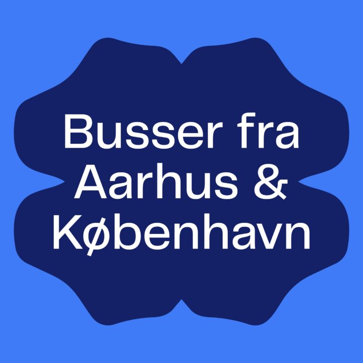 Blå organisk baggrund med teksten "Busser fra Aarhus & København" i hvid.
