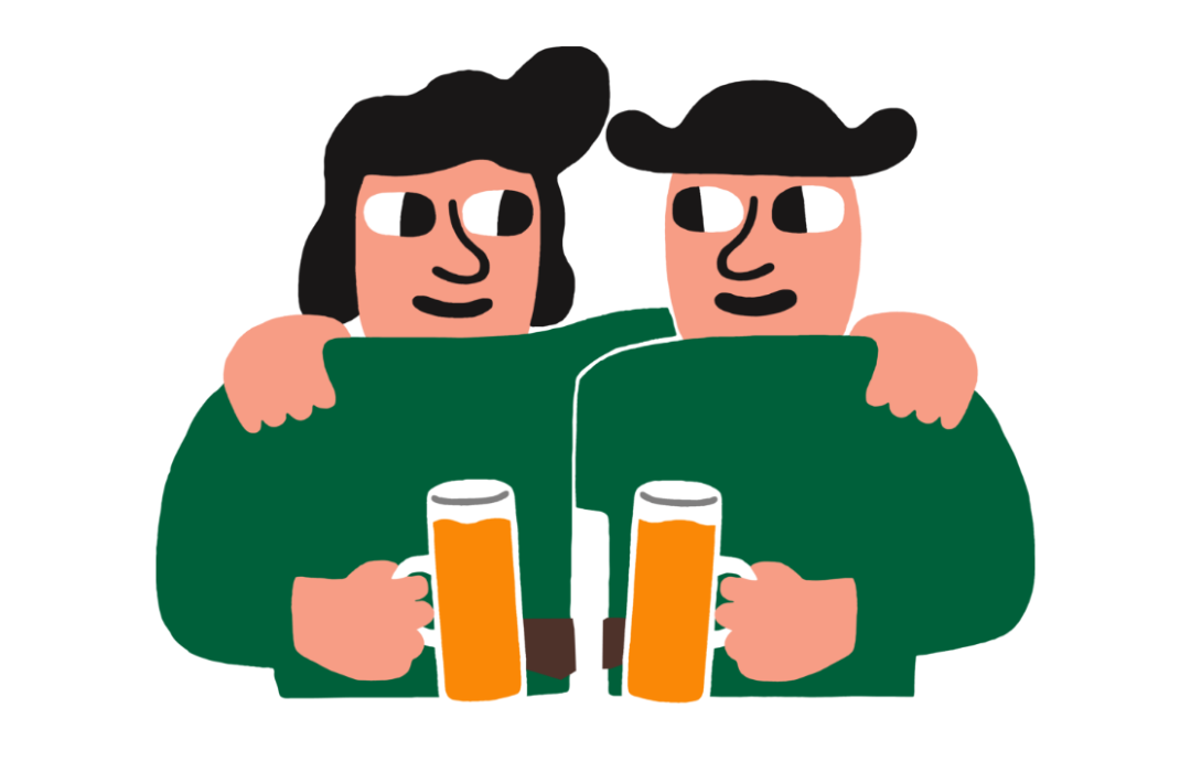 En Mikkeller tegning af to personer som står med et ølkrus i hånden.